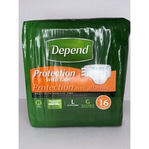 Depends Unisex Disposable Briefs Protection, 16 Count, Size Large (39-49"), New